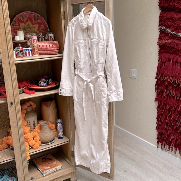 Free People Cream Zip Front Long Sleeve Denim Coveralls Jumpsuit - Picture 2 of 15